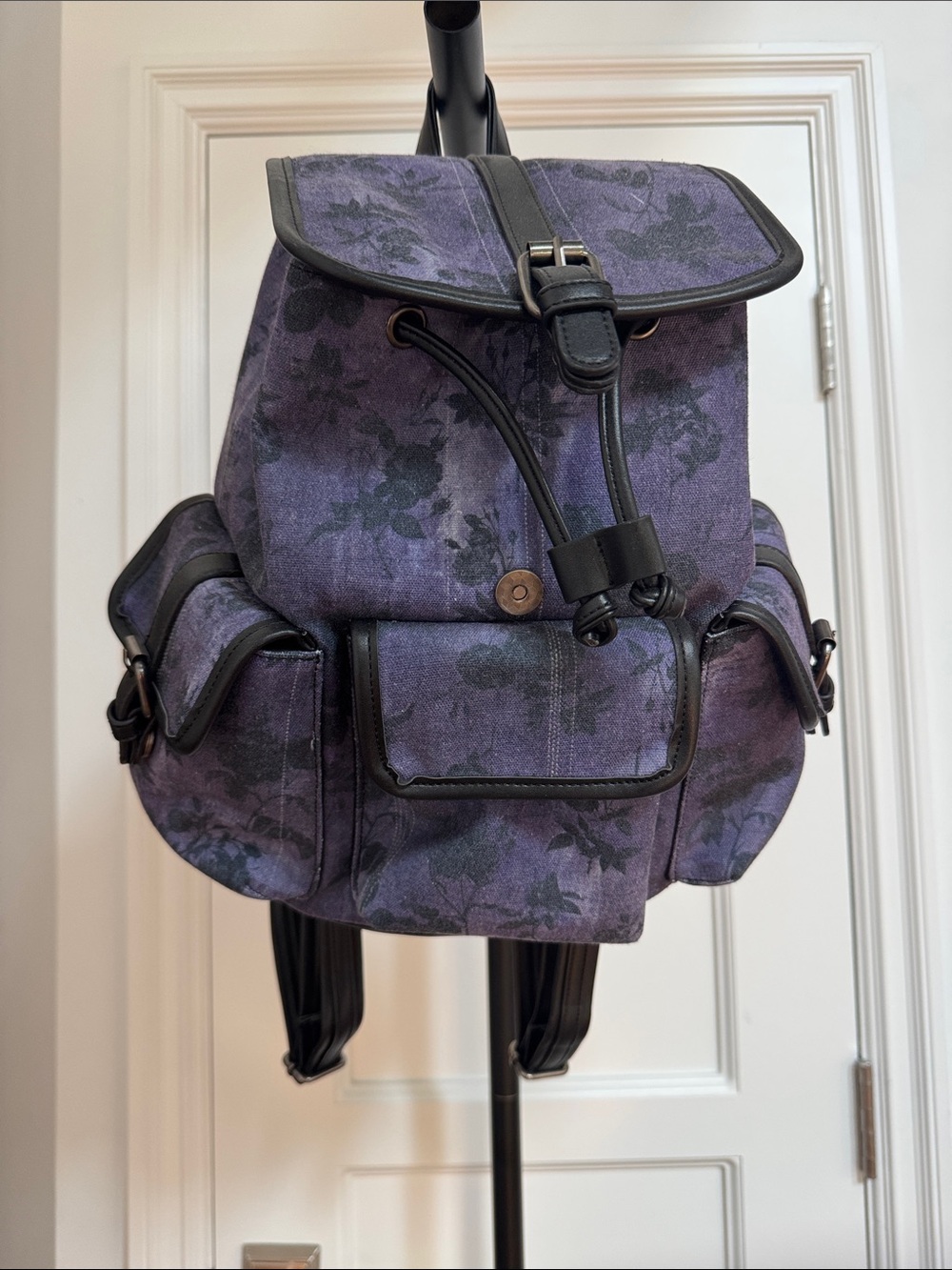 Dolls Kill Purple Floral Canvas Drawstring Backpack with Black Trim